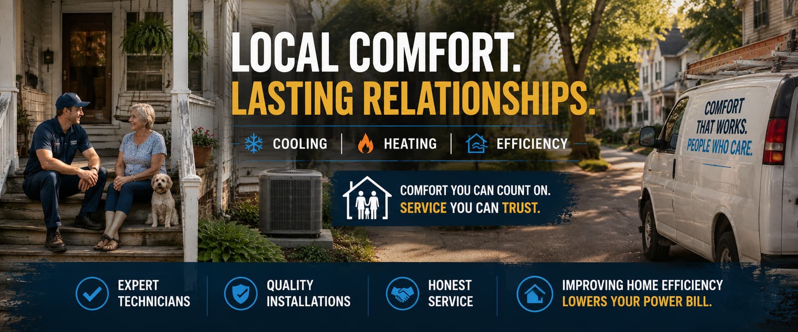 A Tri-States Heating & Air technician sitting on a front porch talking with a homeowner and her dog, with a service van parked on the street