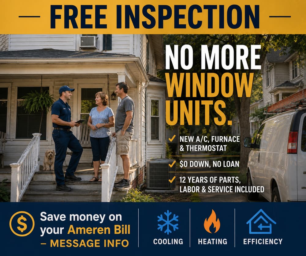 A technician on a front porch reviewing options with two homeowners beside their older window air conditioning unit