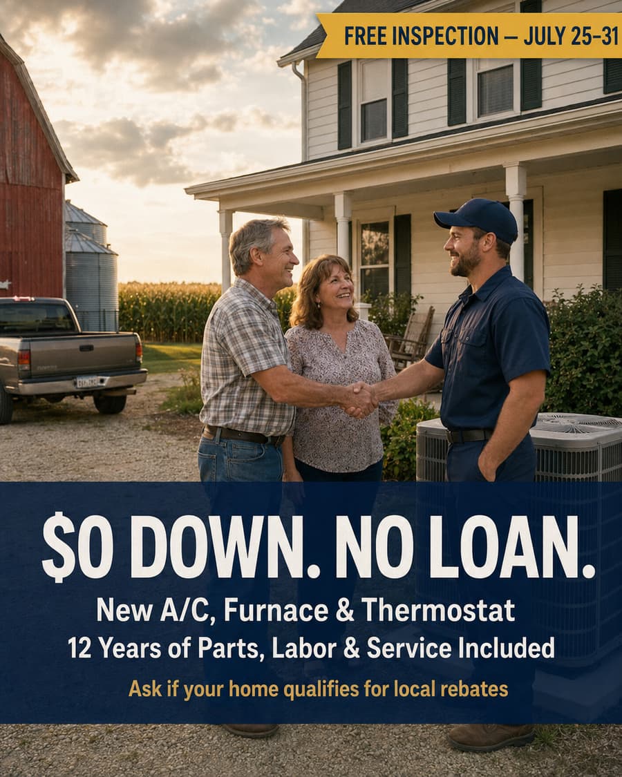A Tri-States Heating & Air technician shaking hands with a couple outside their farmhouse at sunset next to two new outdoor A/C units